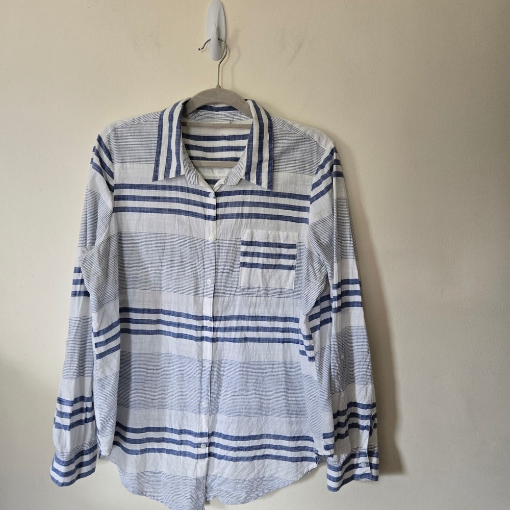 Coastal Nautical XL Blue White Striped Cotton Long Sleeve Roll Tab Button Down